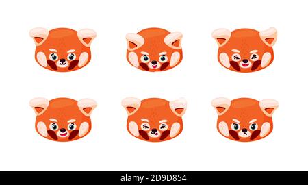 Emozioni dei panda rossi. Sorridente, felice, triste, arrabbiato, naughty e altre espressioni di panda rosso. Illustrazione vettoriale in stile cartoon Illustrazione Vettoriale
