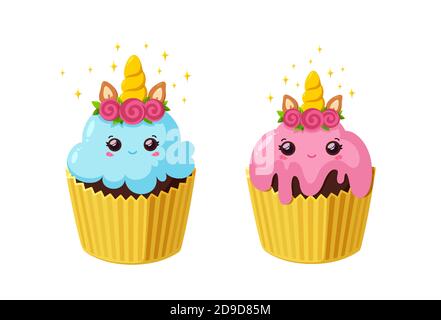 Cupcake unicorno con glassa lucida. Kawaii torte fata in tazza di carta. Dessert gustosi con corno e occhi. Illustrazione vettoriale in simpatico stile cartoon Illustrazione Vettoriale