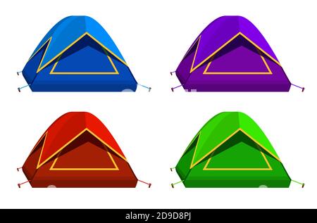 Imposta l'icona luminosa colorata tenda turistica. Isolato su fondo bianco. Collezione tenda vettoriale in stile piatto. Illustrazione Vettoriale