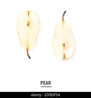 Frutta di pera su sfondo bianco. Raccolta di frutti di pera interi e tagliati a fette. Foto Stock
