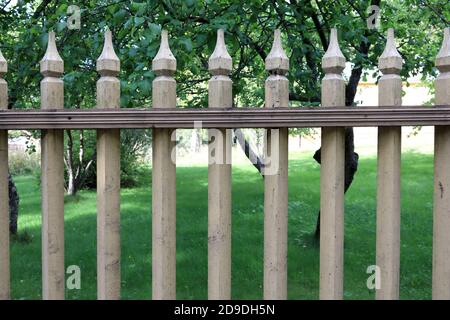 Dettagli di recinzione in legno sul monastero di Valaam, Russia Foto Stock