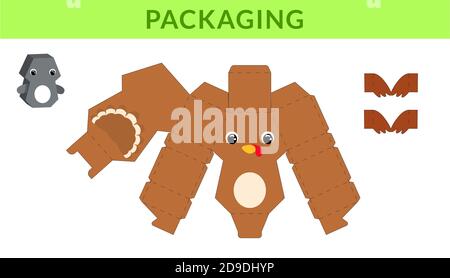 Party favor die cut tacchino scatola per compleanni, baby shower per dolci, caramelle, piccoli regali, panetteria. Design modello di modello di scatola retail. Stampa, c. Illustrazione Vettoriale