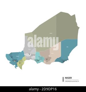 Niger higt Mappa dettagliata con suddivisioni. Mappa amministrativa del Niger con il nome di distretti e città, colorata per stati e distretti amministrativi. Illustrazione Vettoriale