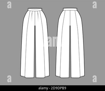 Pantaloni gonna culotte gaucho illustrazione tecnica moda con lunghezza pavimento caviglia, silhouette oversize, zip laterale. Modello a fondo piatto, anteriore, posteriore, colore bianco. Donne, uomini, unisex CAD mockup Illustrazione Vettoriale