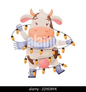 Carino personaggio di vacca cartoon aggrovigliato in una ghirlanda di lampadine. Cinese nuovo anno della vacca di bue zodiaco. Illustrazione vettoriale. Illustrazione Vettoriale