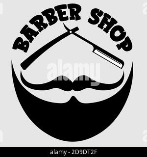 logo del negozio di barbiere creativo per uomo sotto forma di una barba con baffi e scritte Illustrazione Vettoriale