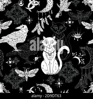 Modello senza cuciture con animali mistici - gatto, corvo e falena, dreamcatcher e strega oggetti magici. Sfondo mistico per Halloween, esoterico, gotico e. Illustrazione Vettoriale