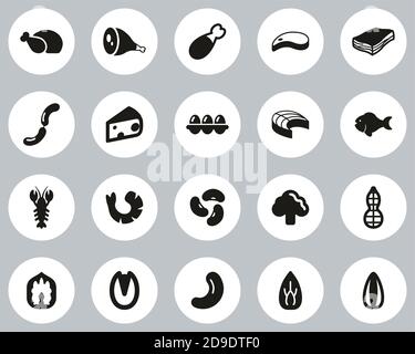 Set circolare di design piatto bianco e nero con icone per alimenti proteici Grande Illustrazione Vettoriale