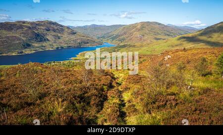 Guardando verso il basso verso Glen Finglas nel Parco Nazionale di Trossachs, Scozia da un piccolo sentiero collinare a piedi Foto Stock