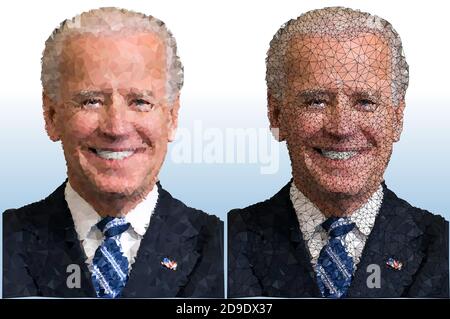 Elezioni presidenziali USA 2020, Joe Biden ritratto poligonale, illustrazione vettoriale, editoriale Illustrazione Vettoriale