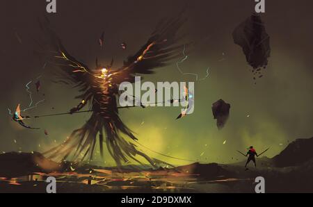 Illustrazione digitale pittura disegno stile un adoratore con due spade mano contro il demone di ala, ultimi boss in gioco. Foto Stock