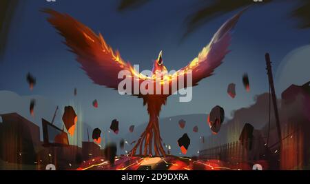 Illustrazione digitale pittura disegno stile phoenix evocando da lava e rovine città. Foto Stock