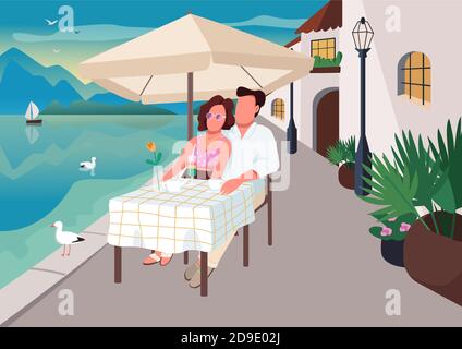 Coppia che ha fatto colazione in un cafe resort di mare, un vettore di colori piatto illustrazione Illustrazione Vettoriale