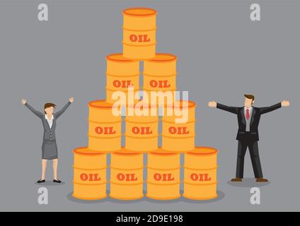 Uomo d'affari e donna d'affari con braccia sollevate in piedi accanto alla pila di barili di petrolio. Illustrazione vettoriale sul concetto relativo al petrolio ed al commercio del gas è Illustrazione Vettoriale