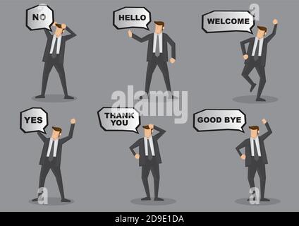 Set di sei cartoni animati vettoriali illustrazione di uomo d'affari in tuta con palloncino vocale e linguaggio del corpo animato e gesti isolati su sfondo grigio. Illustrazione Vettoriale