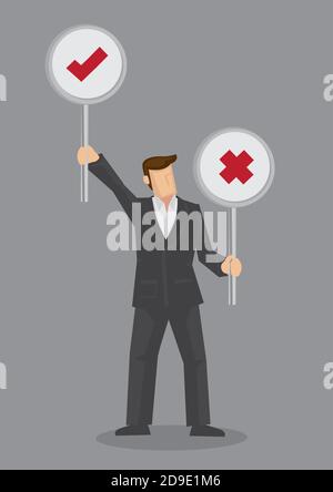 Uomo cartone animato con due segni rotondi con segni di segno di spunta e croce e tenendo in mano il segno di spunta. Illustrazione vettoriale isolata su sfondo grigio. Illustrazione Vettoriale