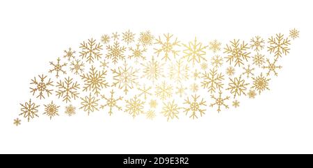 Onda di fiocchi di neve dorati. Vettore neve d'oro fiocchi stelle nuovo anno. Decorazione invernale gialla Illustrazione Vettoriale