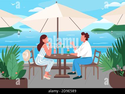 Amici che hanno la prima colazione nel resort di mare cafe vettore di colore piatto illustrazione Illustrazione Vettoriale