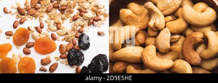 collage di delizioso granola con noci e frutta secca sparsi su bianco e cashew, striscione Foto Stock