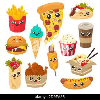 Carino e divertente fast food set di caratteri, flat vettore illustrazione. Snack con i volti umani. Illustrazione Vettoriale