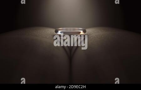 Un concetto che mostra un riflettore che brilla su un anello un libro di cerimonia nuziale che getta un'ombra a forma di cuore sopra Uno sfondo scuro - rendering 3D Foto Stock