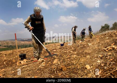 Pneumatico, Libano. 15 luglio 2010 un team del Mines Advisory Group (MAG) che si occupa della bonifica delle munizioni a grappolo non esplose nelle terre agricole del sud del Libano. Foto Stock