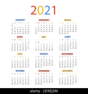 Calendario del nuovo anno 2021 in disegno piatto illustrazione vettoriale. La settimana inizia la domenica. Agenda Planner in stile minimalista. Calendario mensile pronto per Illustrazione Vettoriale