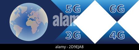 Banner tecnologico. Globo con continenti su sfondo blu. Tecnologie di trasmissione dati ad alta velocità 3G 4G 5G 6G. Comunicazioni mobili e telecomunicazioni Illustrazione Vettoriale
