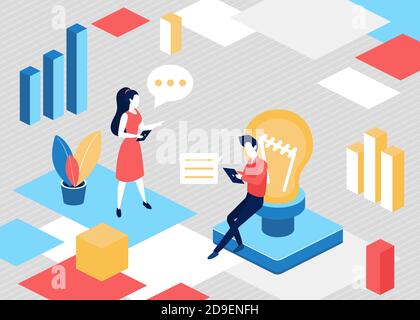 La gente isometrica cerca le idee di affari, illustrazione del vettore di concetto della lampadina. personaggi commerciali di cartoni animati 3d alla ricerca di nuove soluzioni di comunicazione, in piedi accanto allo sfondo della lampadina Illustrazione Vettoriale