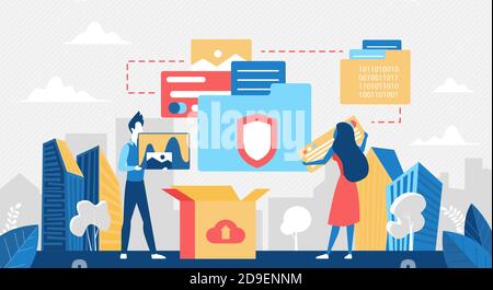 Illustrazione vettoriale del concetto di tecnologia di storage dei dati cloud. Gli utenti di Cartoon caricano documenti fotografici e file nel data center cloud del server. Servizio tecnologico moderno per la comunicazione in background su internet Illustrazione Vettoriale