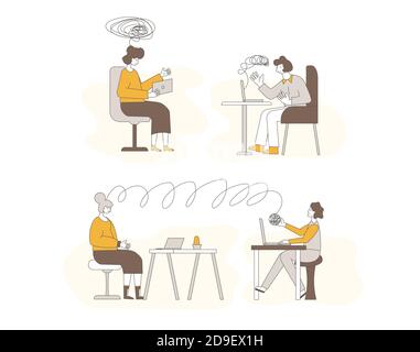 Aiuto psicologico online scene. Concetto di consulenza. Sessione di terapia via Internet con paziente sotto stress. Psichiatra e cliente che parlano di sensazione. C Illustrazione Vettoriale