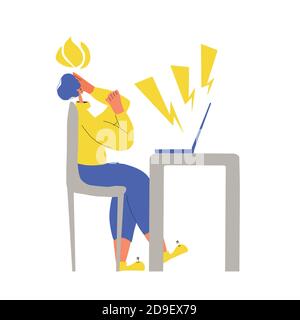 Sindrome da burnout professionale. Personaggio stanco che lavora da casa sul computer isolato su sfondo bianco. Persona stressata che usa un computer portatile. Piatto vettore c Illustrazione Vettoriale