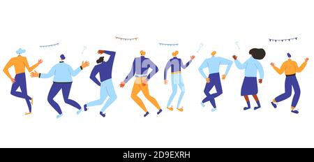 Persone che ballano. Donne e uomini adulti. Personaggi maschili e femminili che indossano abiti informali danzanti isolati su sfondo bianco. Persone che saltano e. Illustrazione Vettoriale