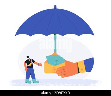 Reddito di base universale. UBI. Beneficio o soffocamento per la gente. Garanzia incondizionata. Soffio vivente. Programma pubblico governativo per i pagatori periodici Illustrazione Vettoriale