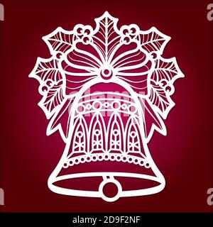 Dima per taglio laser. Campana di Natale con nastro e agrifoglio. Per la progettazione di cartoline, menu, decorazioni di alberi di Natale, elementi interni. Illustrazione Vettoriale