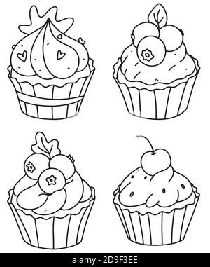 Cute cupcakes colorazione pagina. Cupcake set.outline doodle vettore instration.A set di muffin . Illustrazione Vettoriale