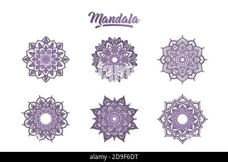 Set di mandala disegnate a mano con scritte Illustrazione Vettoriale