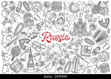 Set di tagliatella Russia disegnata a mano con scritte Illustrazione Vettoriale