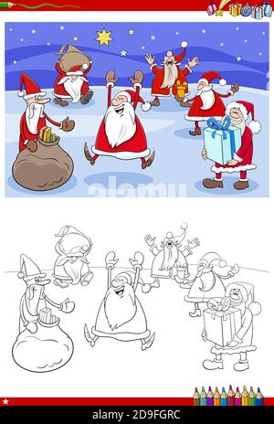 Cartoon illustrazione di Babbo Natale personaggi gruppo libro da colorare pagina Illustrazione Vettoriale