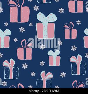 Modello vettoriale senza giunture con scatole regalo colorate in stile cartoon su sfondo blu scuro. Modello per la stampa su tessuto, design della carta da imballaggio. Illustrazione Vettoriale