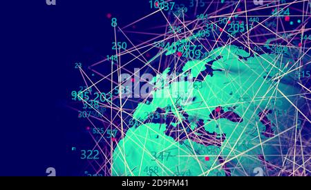 Tecnologia e comunicazione per l'analisi e la gestione dei dati in internet.3d illustration.World map e strumenti informatici per la cybersicurezza. Foto Stock
