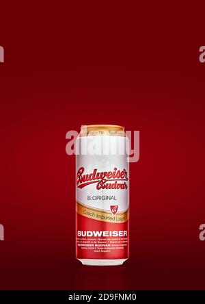 Lattina di birra lager Budweiser su sfondo rosso. Budvar, una delle birre più vendute nella Repubblica Ceca prodotta a Ceske Budejovice da Budweiser Foto Stock