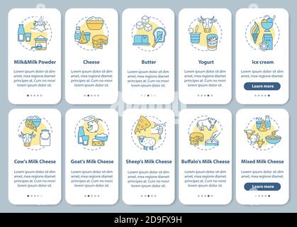 Schermata della pagina dell'app mobile di onboarding per il settore lattiero-caseario con set di concetti Illustrazione Vettoriale