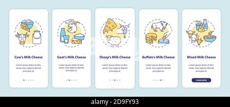 Schermata della pagina dell'app mobile di onboarding per la produzione di formaggi con concetti Illustrazione Vettoriale