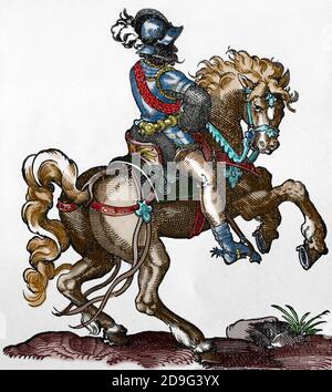 Rinascimento. Cavalluomo (soldato nella cavalleria). Engravinb di Jost Amman, 16 ° secolo. Incisione colorata. Foto Stock