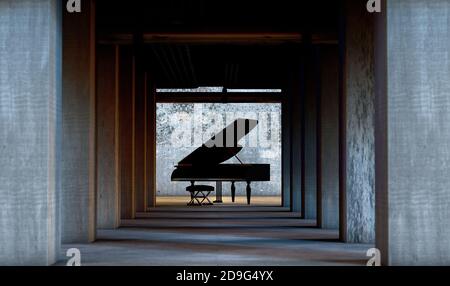 Pianoforte grande in cemento e architettura interna in cemento. Arte e strumenti musicali. Musica di sottofondo.piano music concept.illustrazione 3d Foto Stock