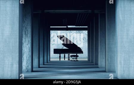 Pianoforte grande in cemento e architettura interna in cemento. Arte e strumenti musicali.sfondo musicale.concetto di musica piano.illustrazione 3d Foto Stock