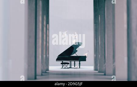 Pianoforte grande in cemento e architettura interna in cemento. Arte e strumenti musicali.sfondo musicale.concetto di musica piano.illustrazione 3d Foto Stock
