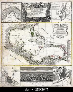 La mappa di J. B. Homann delle Indie Occidentali datata 1731. Consiste di mappe basate sul lavoro di D’Anville compilate in un unico foglio. La mappa primaria, attribuita all’opera di D’Anville del 1731, raffigura le Indie occidentali dal Messico alle piccole Antille, tra cui la totalità della Florida, parti della Carolina e parti del Sud America settentrionale. La Florida meridionale, in una tentata rappresentazione delle Everglades, è rappresentata come una serie di laghi e isole collegate da stretti canali. New Orleans e le bocche del Mississippi sono mostrate con relativa precisione come lo sono il Messico e le isole dell'India occidentale. Territo Foto Stock