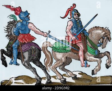 Era rinascimentale. Combattimento equestre con spade. Incisione di Jost Amman, XVI secolo. Colorazione successiva. Foto Stock